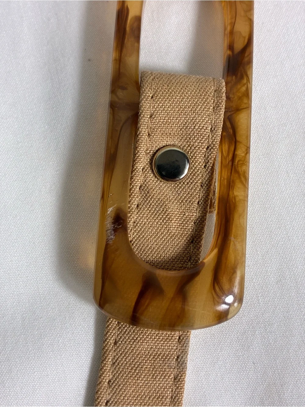 Womens belt 34” Tan fabric covered Tortoiseshell Rectangular Buckle 70s vibe